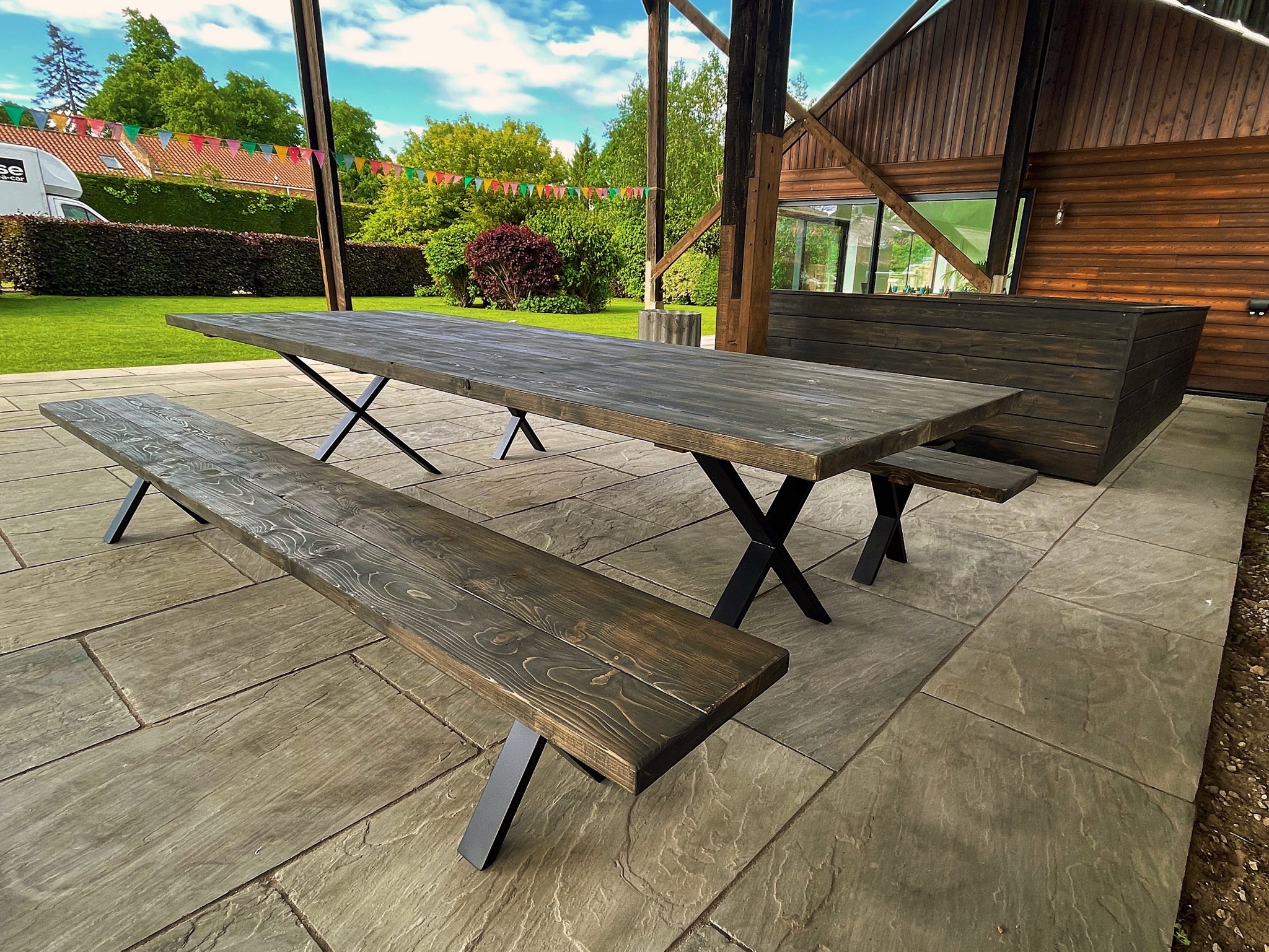 Rustic Outdoor Dining Table and Bench, Reclaimed Solid Wood