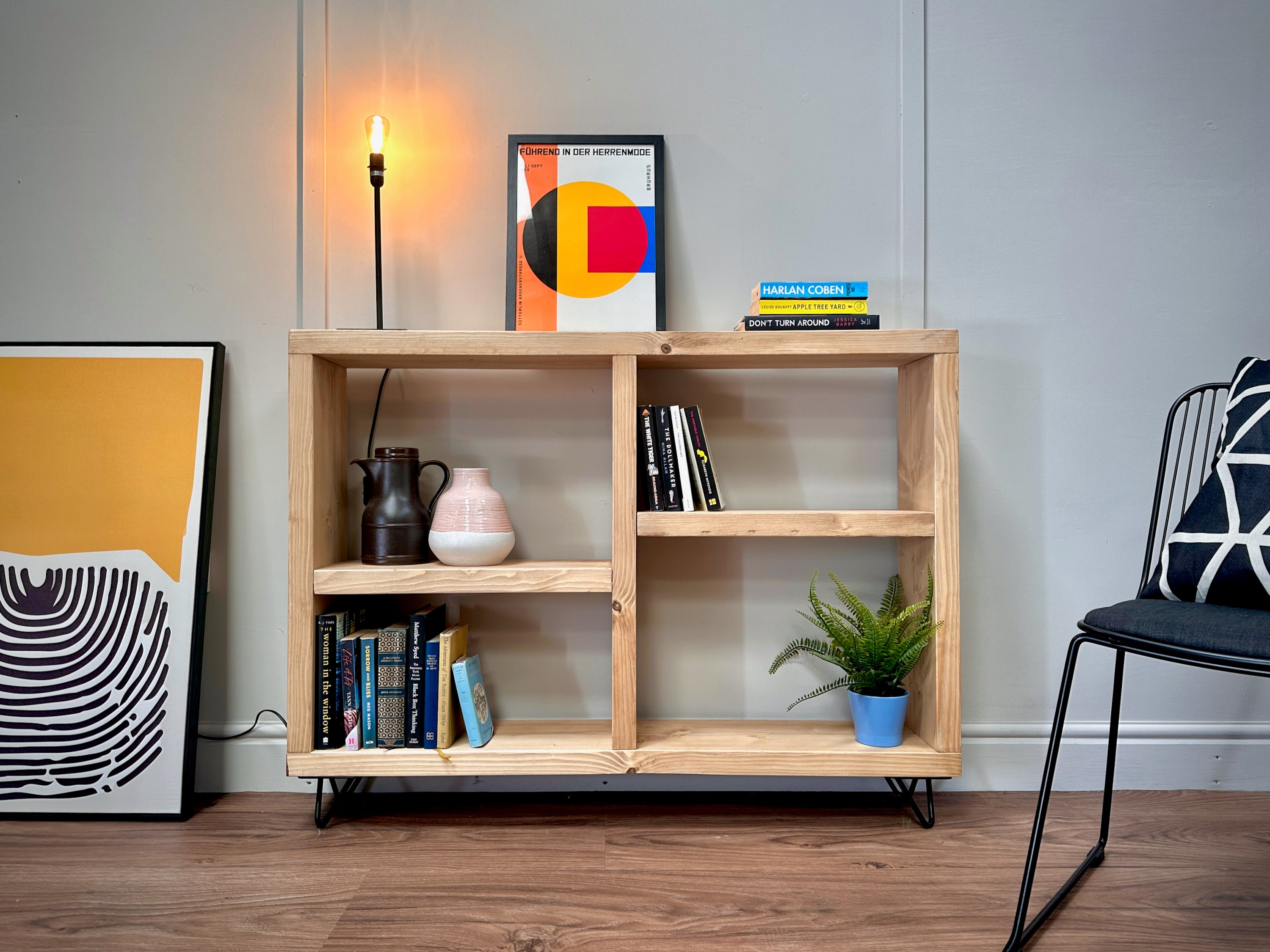 Rustic Wooden Bookcase Sideboard with Steel Hairpin Legs, Reclaimed, I ...