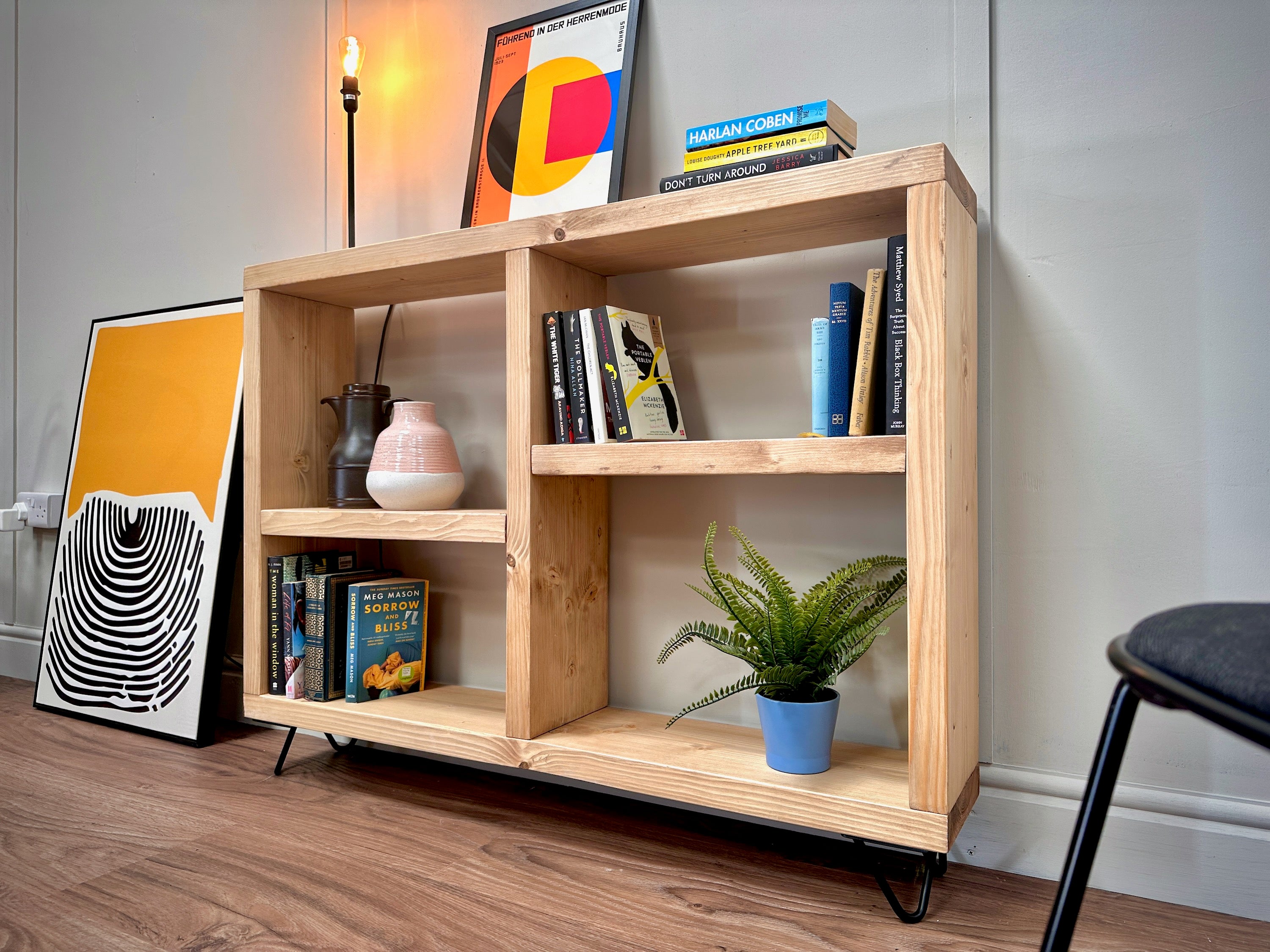 Rustic Wooden Bookcase Sideboard with Steel Hairpin Legs, Reclaimed, I ...