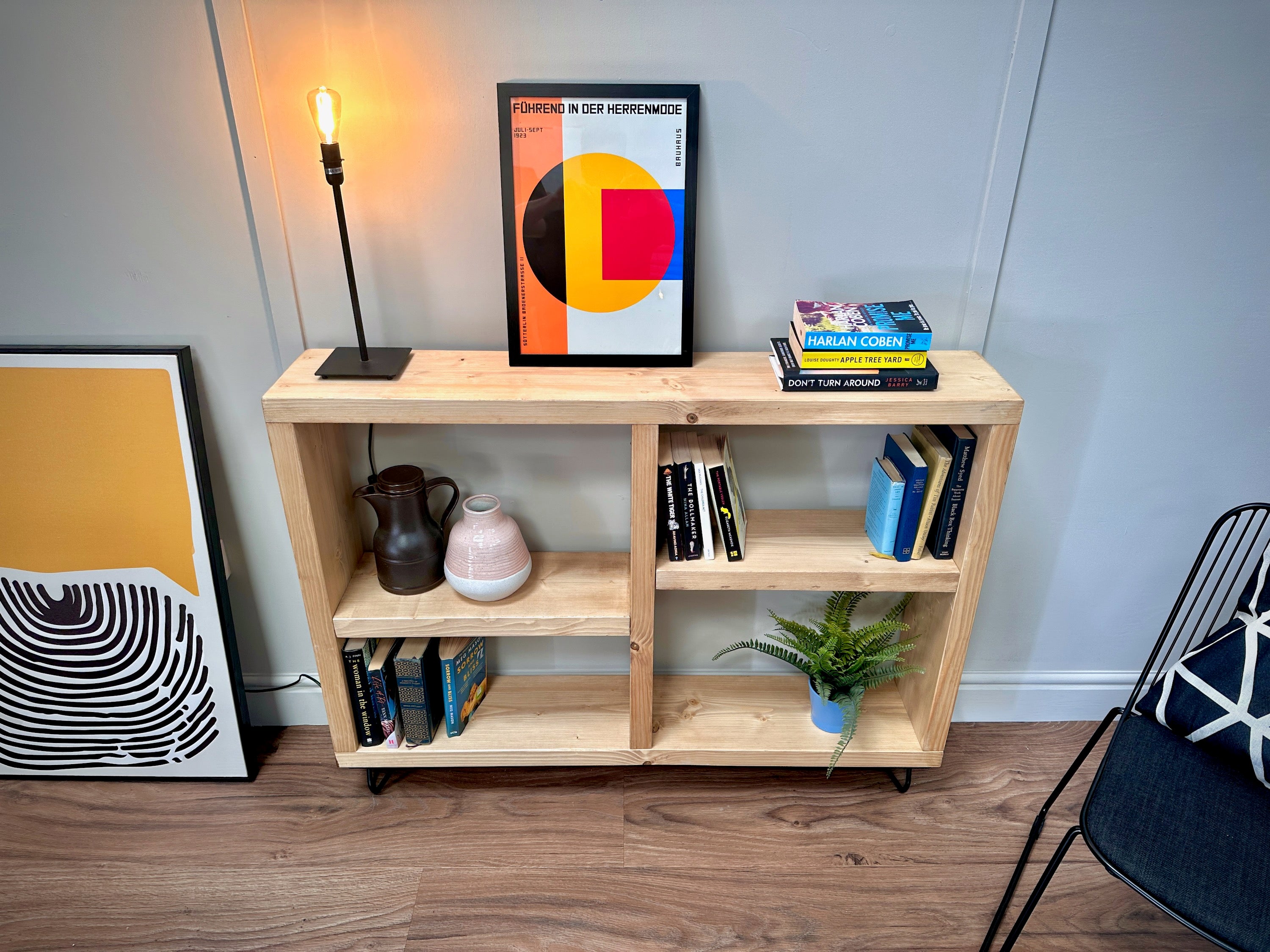 Rustic Wooden Bookcase Sideboard with Steel Hairpin Legs, Reclaimed, I ...