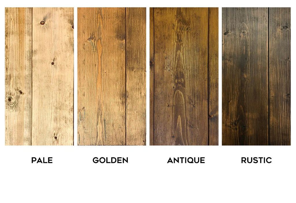 Colour swatches of our 4 wood finish options: Pale, Golden, Antique and Rustic.