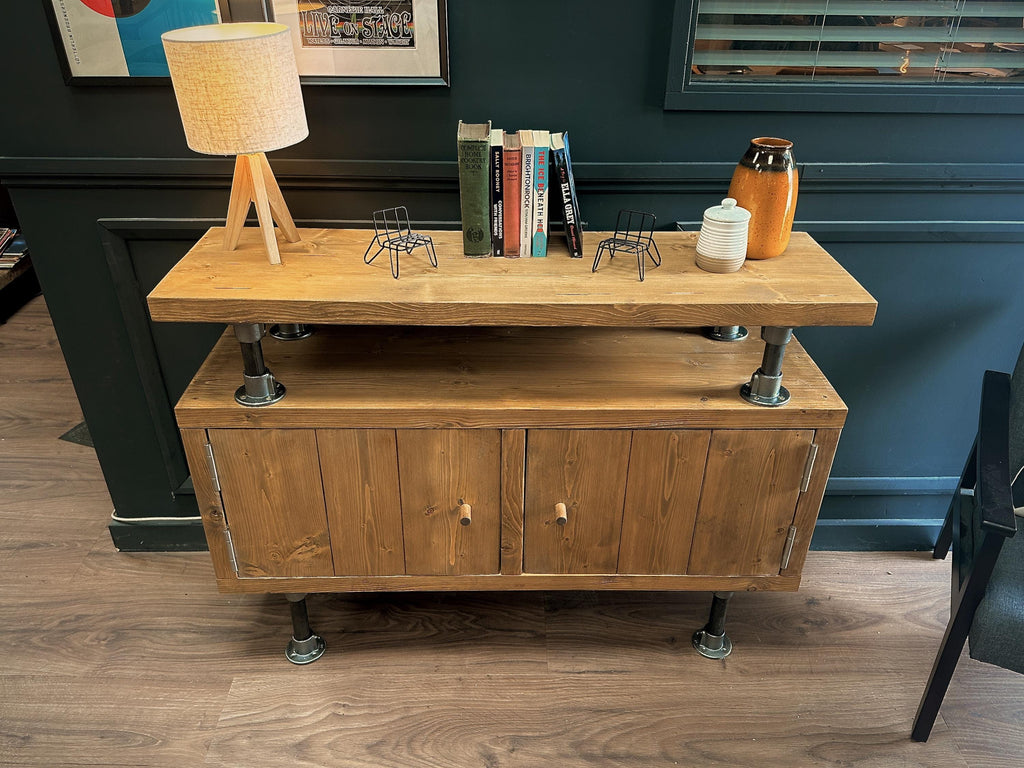 Industrial Solid Wooden Sideboard with Steel Tube Legs | Rustic 2 Door Cabinet | Media Unit, LP, Vinyl Storage TV Stand | Reclaimed Rustic - ChronologyStore - Cabinets - Console Tables & Cabinets