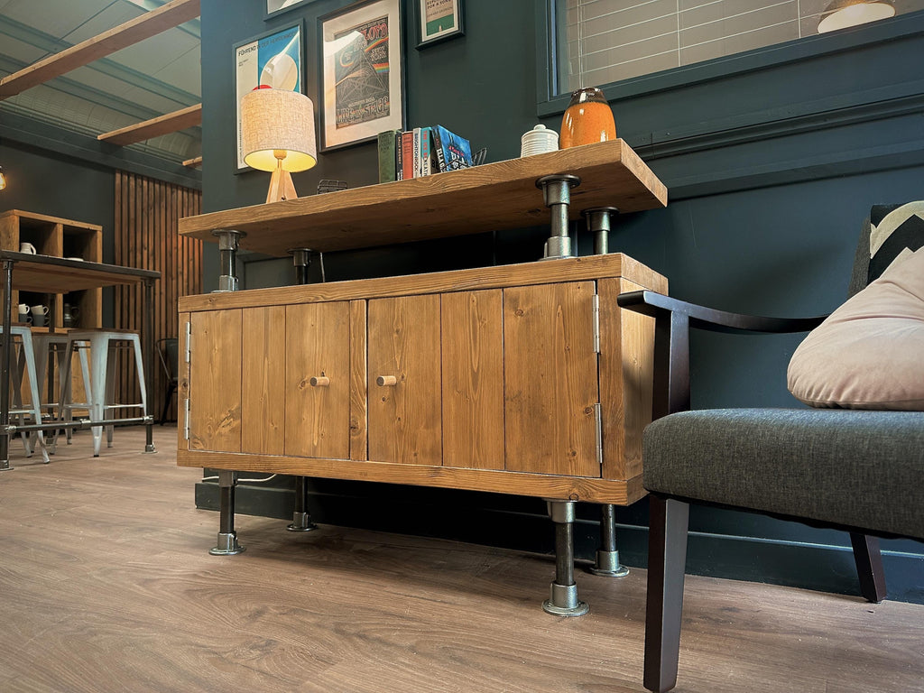 Industrial Solid Wooden Sideboard with Steel Tube Legs | Rustic 2 Door Cabinet | Media Unit, LP, Vinyl Storage TV Stand | Reclaimed Rustic - ChronologyStore - Cabinets - Console Tables & Cabinets