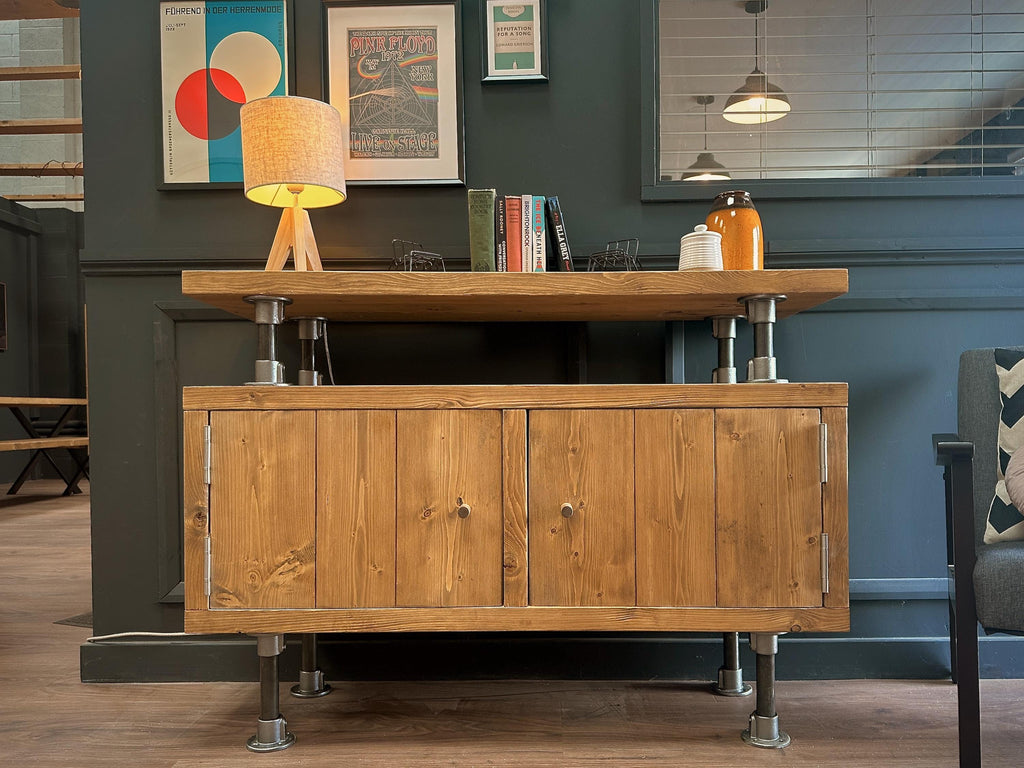 Industrial Solid Wooden Sideboard with Steel Tube Legs | Rustic 2 Door Cabinet | Media Unit, LP, Vinyl Storage TV Stand | Reclaimed Rustic - ChronologyStore - Cabinets - Console Tables & Cabinets