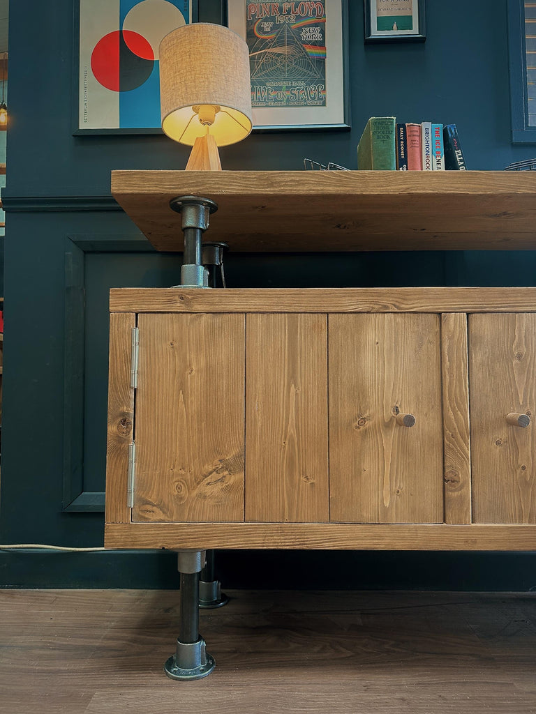 Industrial Solid Wooden Sideboard with Steel Tube Legs | Rustic 2 Door Cabinet | Media Unit, LP, Vinyl Storage TV Stand | Reclaimed Rustic - ChronologyStore - Cabinets - Console Tables & Cabinets