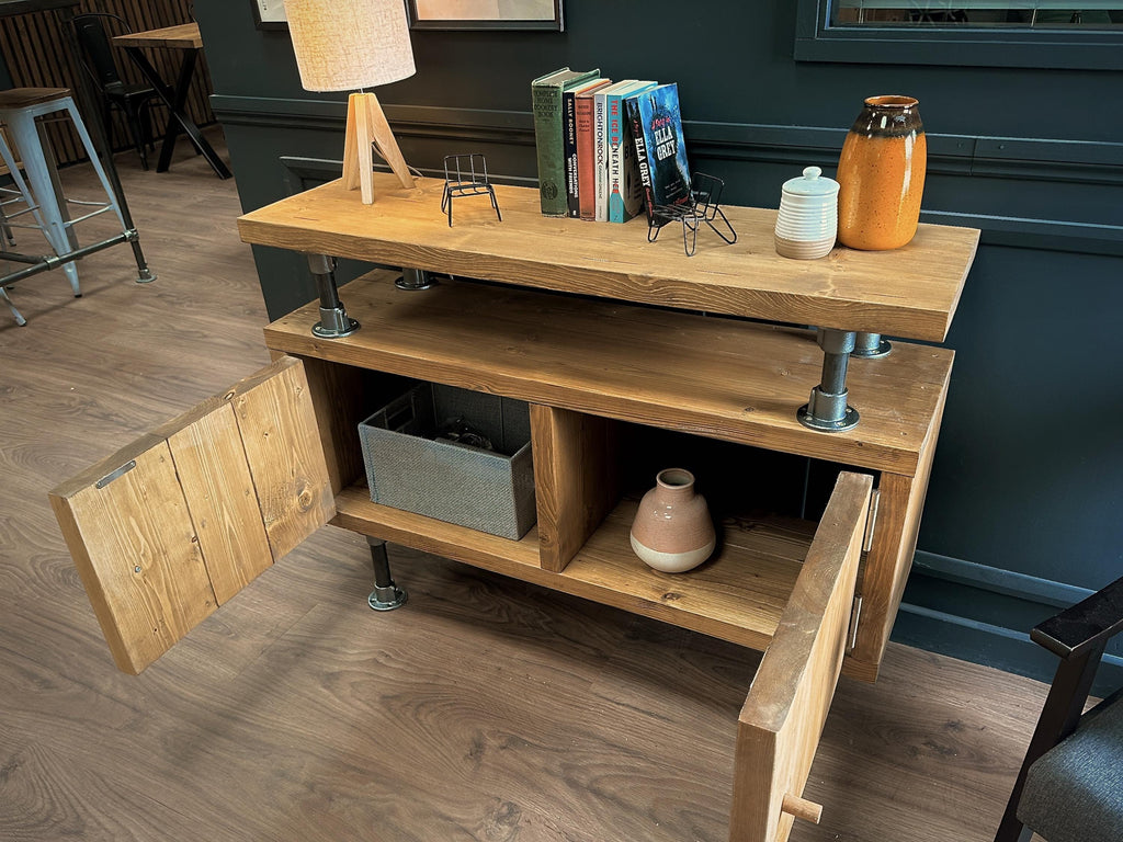 Industrial Solid Wooden Sideboard with Steel Tube Legs | Rustic 2 Door Cabinet | Media Unit, LP, Vinyl Storage TV Stand | Reclaimed Rustic - ChronologyStore - Cabinets - Console Tables & Cabinets