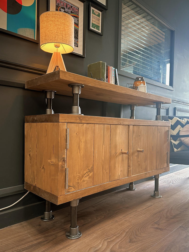 Industrial Solid Wooden Sideboard with Steel Tube Legs | Rustic 2 Door Cabinet | Media Unit, LP, Vinyl Storage TV Stand | Reclaimed Rustic - ChronologyStore - Cabinets - Console Tables & Cabinets