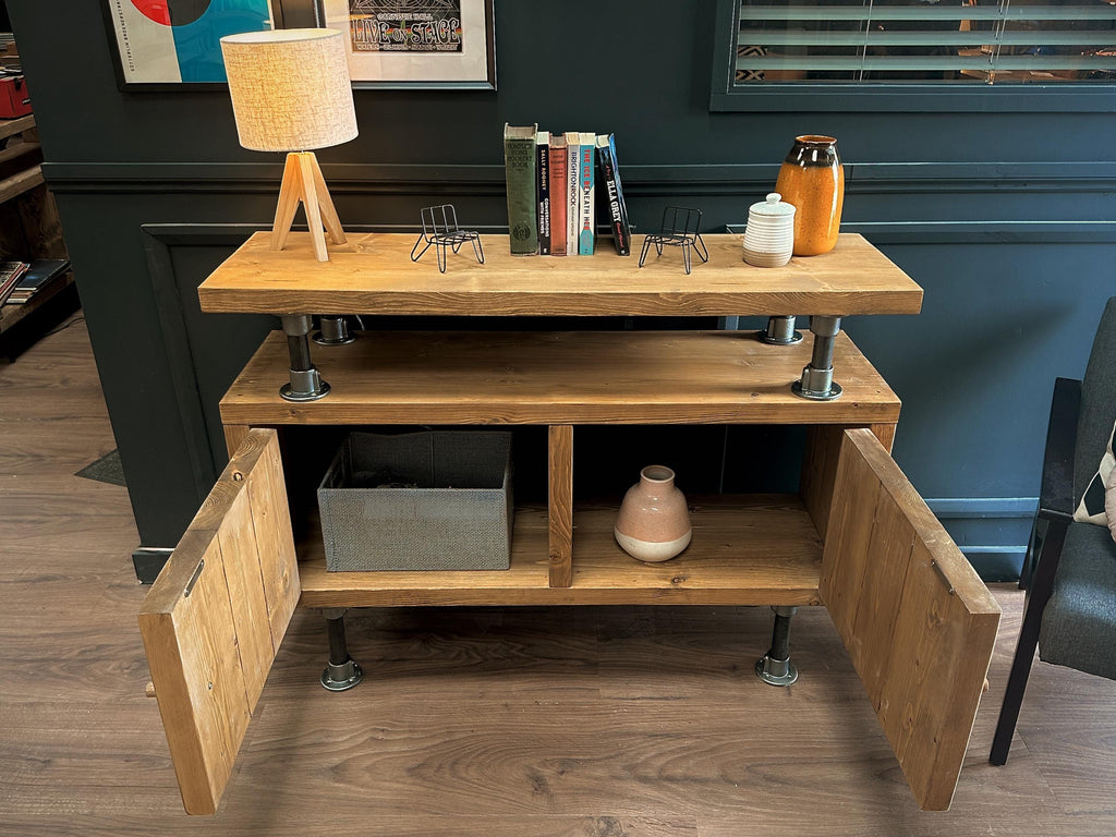 Industrial Solid Wooden Sideboard with Steel Tube Legs | Rustic 2 Door Cabinet | Media Unit, LP, Vinyl Storage TV Stand | Reclaimed Rustic - ChronologyStore - Cabinets - Console Tables & Cabinets