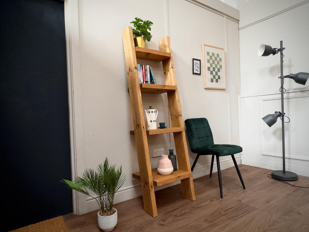 Handmade Wooden Ladder Bookcase | Industrial Reclaimed Shelving | Solid Wood Sloping Shelves, Wall Unit | Living Room, Kitchen, Bathroom - ChronologyStore - Shelving - Bookshelves