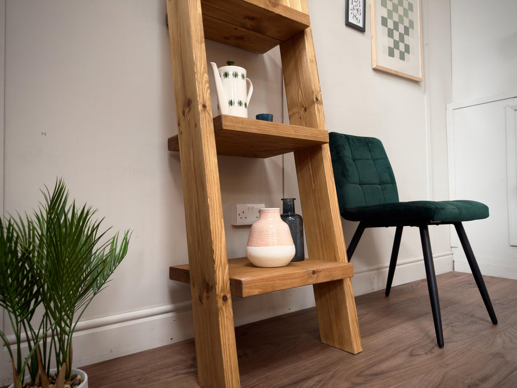 Handmade Wooden Ladder Bookcase | Industrial Reclaimed Shelving | Solid Wood Sloping Shelves, Wall Unit | Living Room, Kitchen, Bathroom - ChronologyStore - Shelving - Bookshelves