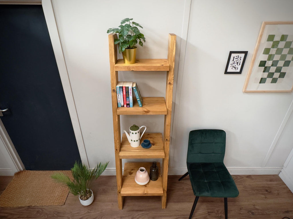 Handmade Wooden Ladder Bookcase | Industrial Reclaimed Shelving | Solid Wood Sloping Shelves, Wall Unit | Living Room, Kitchen, Bathroom - ChronologyStore - Shelving - Bookshelves