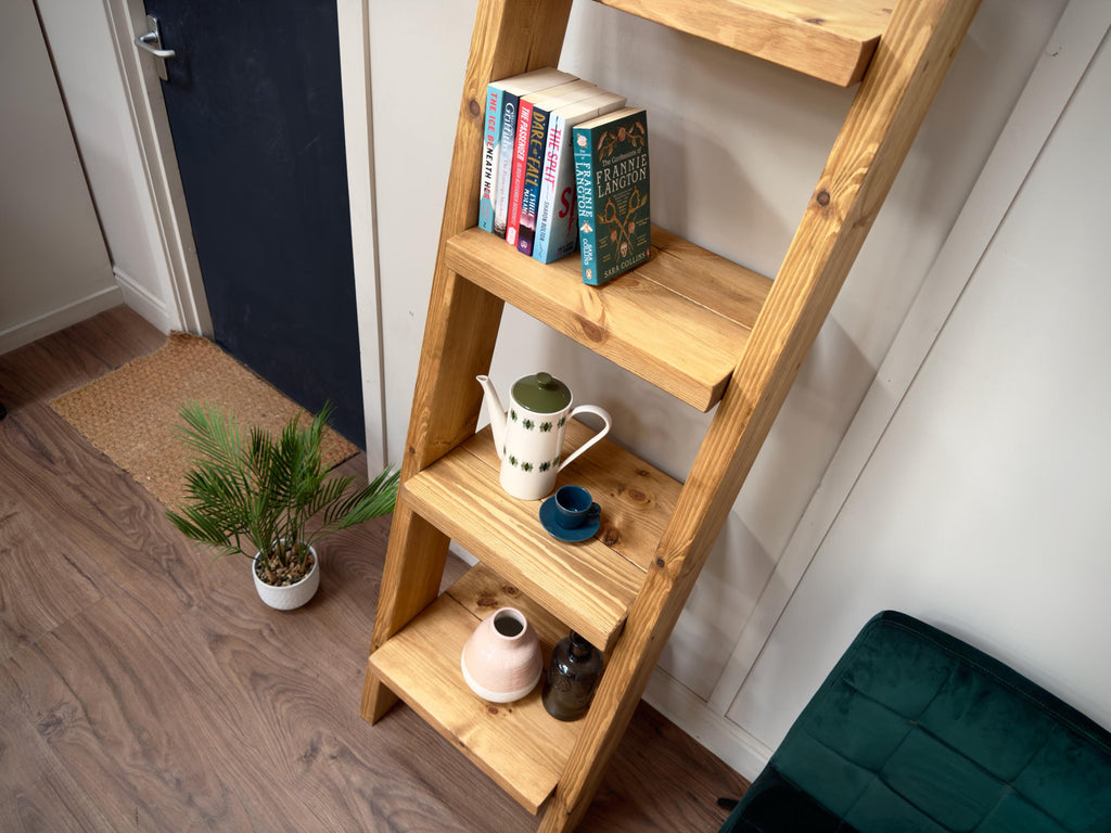 Handmade Wooden Ladder Bookcase | Industrial Reclaimed Shelving | Solid Wood Sloping Shelves, Wall Unit | Living Room, Kitchen, Bathroom - ChronologyStore - Shelving - Bookshelves