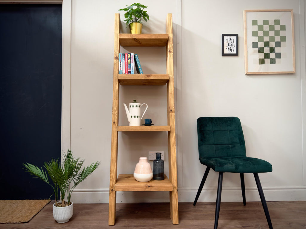 Handmade Wooden Ladder Bookcase | Industrial Reclaimed Shelving | Solid Wood Sloping Shelves, Wall Unit | Living Room, Kitchen, Bathroom - ChronologyStore - Shelving - Bookshelves