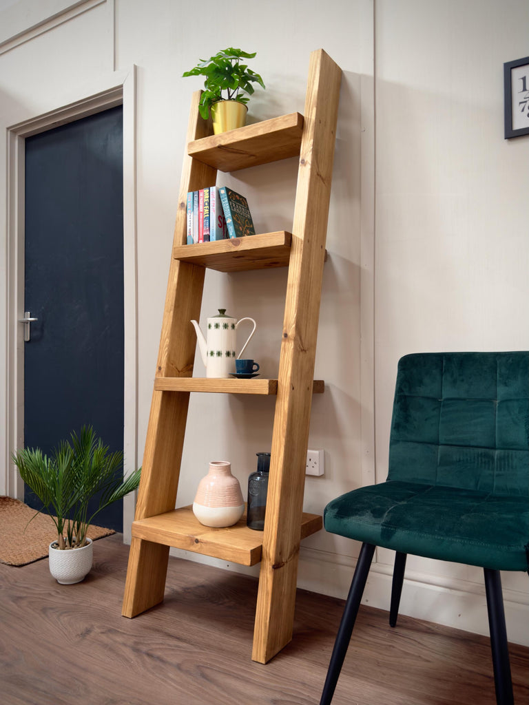 Handmade Wooden Ladder Bookcase | Industrial Reclaimed Shelving | Solid Wood Sloping Shelves, Wall Unit | Living Room, Kitchen, Bathroom - ChronologyStore - Shelving - Bookshelves