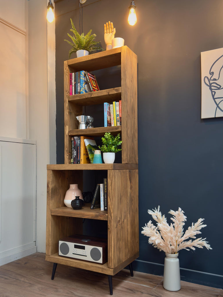 Split-Level Rustic Dresser, Bookcase | Tapered Legs | Industrial, Solid Wooden | Wall Shelving, Display Shelf Unit, Living Room, Kitchen - ChronologyStore - Shelving - Bookshelves