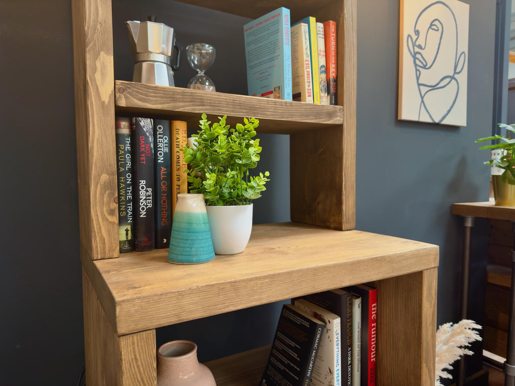 Split-Level Rustic Dresser, Bookcase | Tapered Legs | Industrial, Solid Wooden | Wall Shelving, Display Shelf Unit, Living Room, Kitchen - ChronologyStore - Shelving - Bookshelves