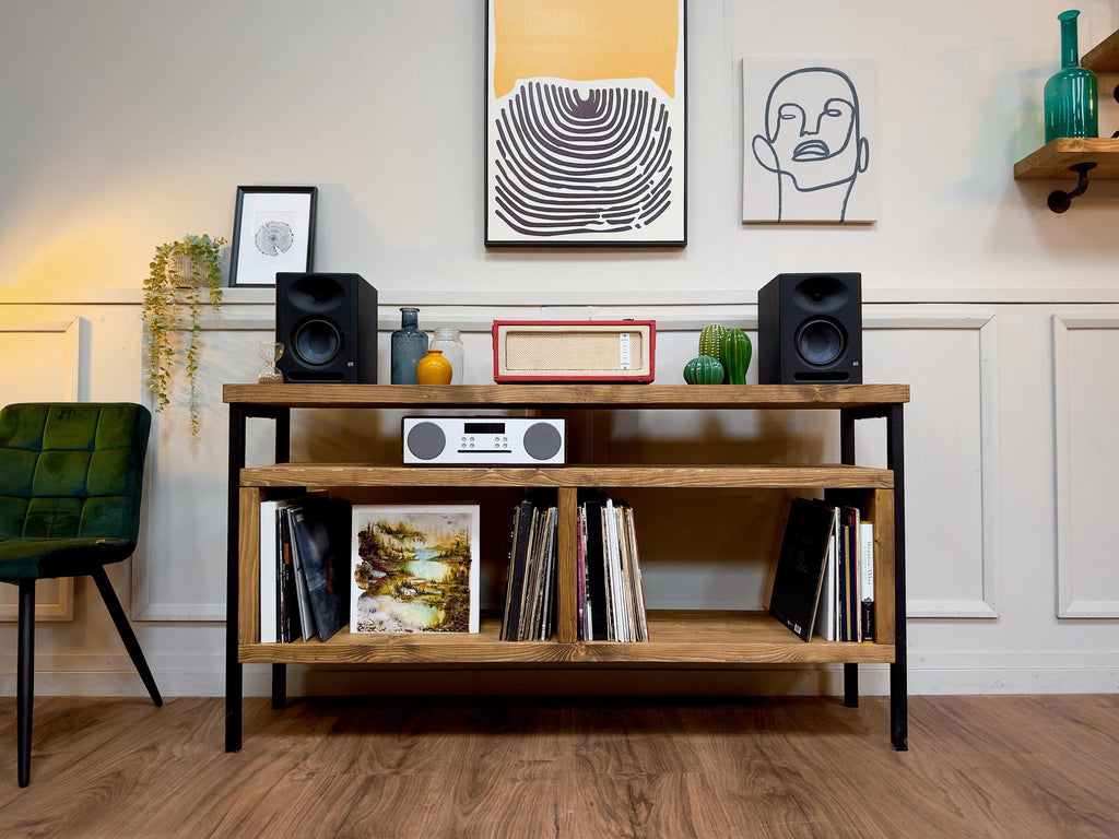 Solid wood record player stand with black square tube legs. Rustic, industrial style cabinet, sideboard. Vinyl storage. Hi Fi unit. Customisable. Bespoke options available.