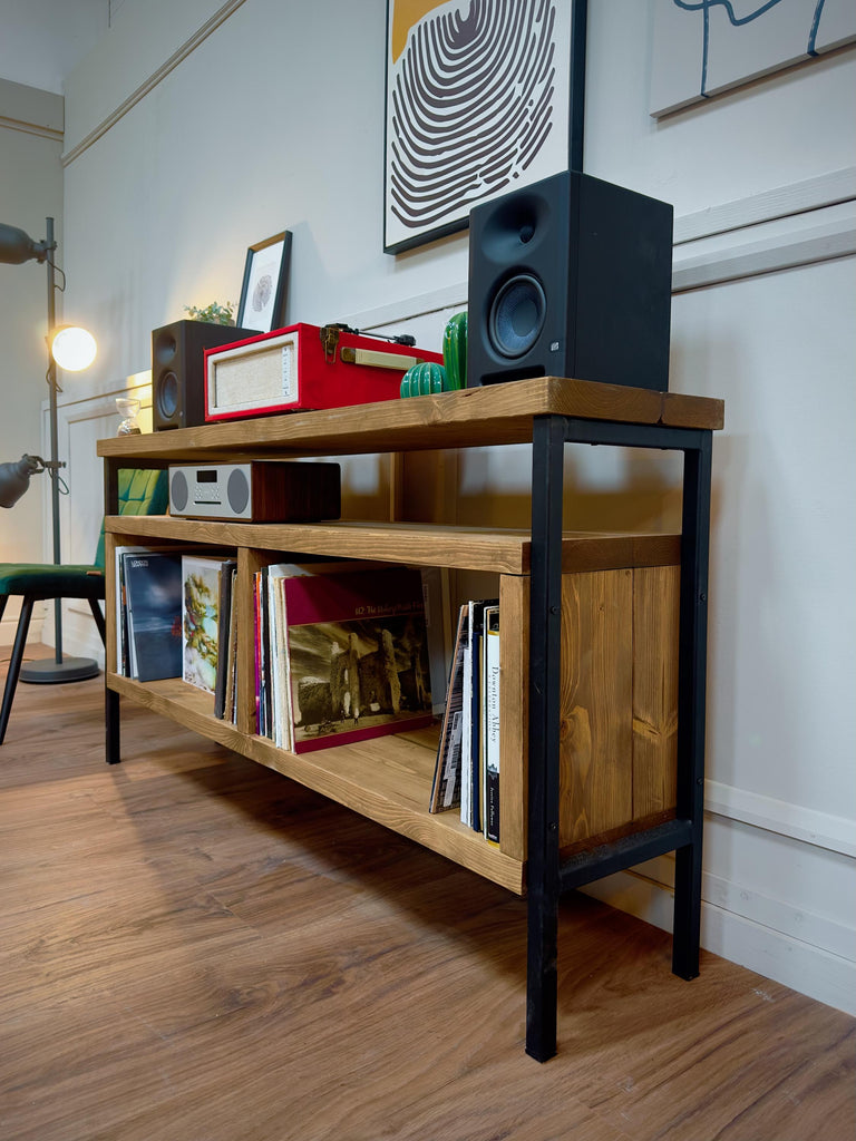 Solid wood record player stand with black square tube legs. Rustic, industrial style cabinet, sideboard. Vinyl storage. Hi Fi unit. Customisable. Bespoke options available.