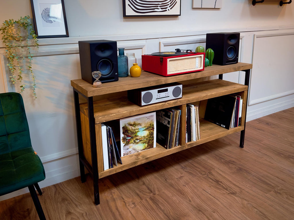 Solid wood record player stand with black square tube legs. Rustic, industrial style cabinet, sideboard. Vinyl storage. Hi Fi unit. Customisable. Bespoke options available.