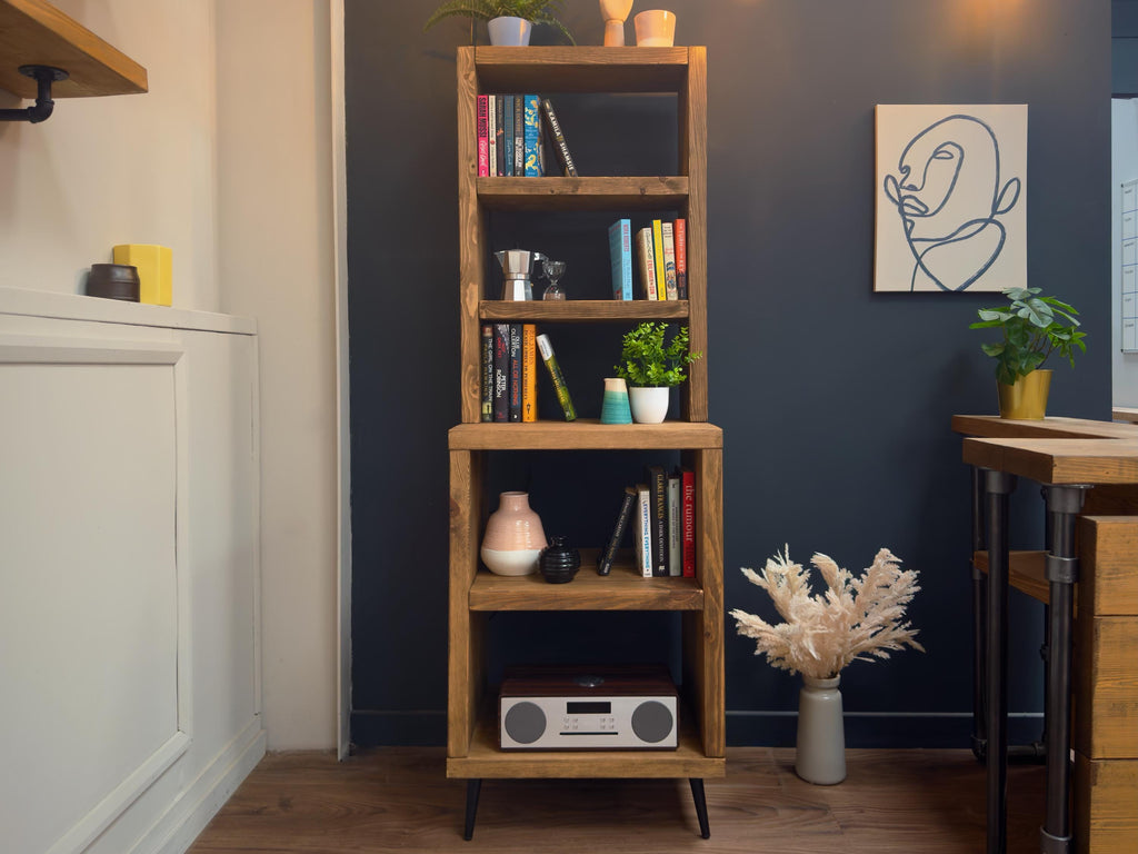 Split-Level Rustic Dresser, Bookcase | Tapered Legs | Industrial, Solid Wooden | Wall Shelving, Display Shelf Unit, Living Room, Kitchen - ChronologyStore - Shelving - Bookshelves