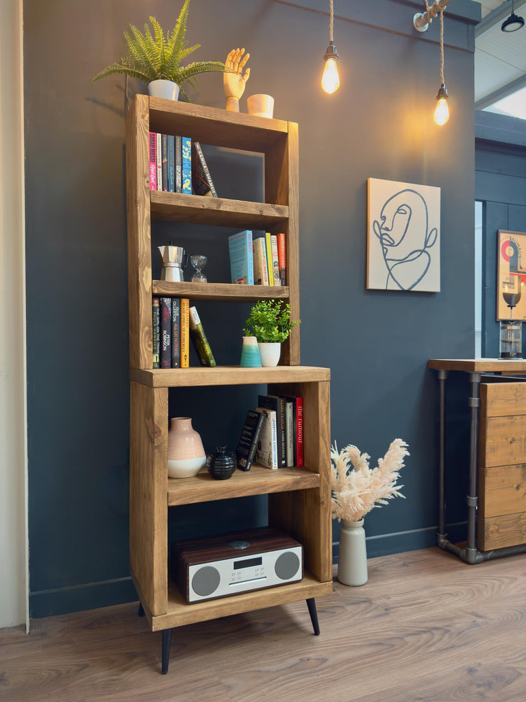 Split-Level Rustic Dresser, Bookcase | Tapered Legs | Industrial, Solid Wooden | Wall Shelving, Display Shelf Unit, Living Room, Kitchen - ChronologyStore - Shelving - Bookshelves