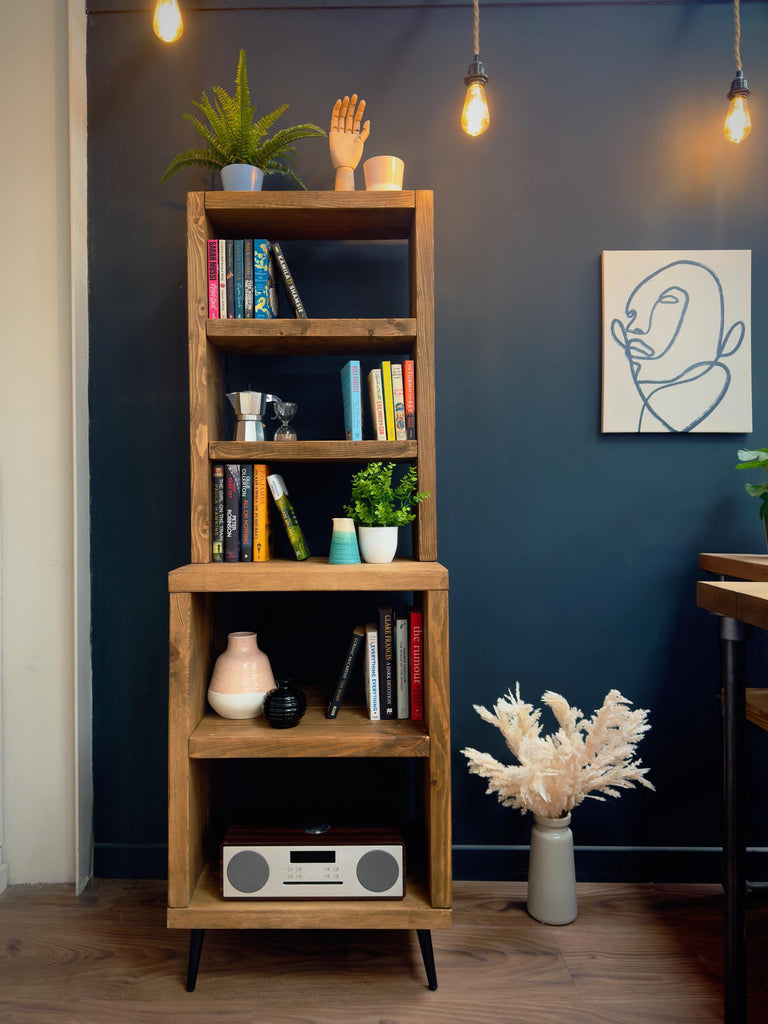 Split-Level Rustic Dresser, Bookcase | Tapered Legs | Industrial, Solid Wooden | Wall Shelving, Display Shelf Unit, Living Room, Kitchen - ChronologyStore - Shelving - Bookshelves