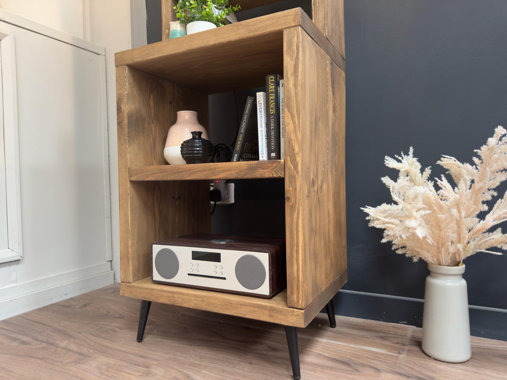 Split-Level Rustic Dresser, Bookcase | Tapered Legs | Industrial, Solid Wooden | Wall Shelving, Display Shelf Unit, Living Room, Kitchen - ChronologyStore - Shelving - Bookshelves