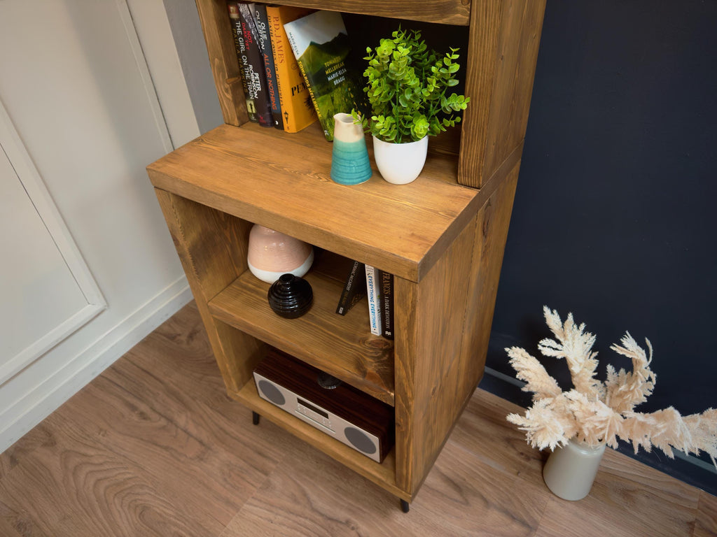 Split-Level Rustic Dresser, Bookcase | Tapered Legs | Industrial, Solid Wooden | Wall Shelving, Display Shelf Unit, Living Room, Kitchen - ChronologyStore - Shelving - Bookshelves