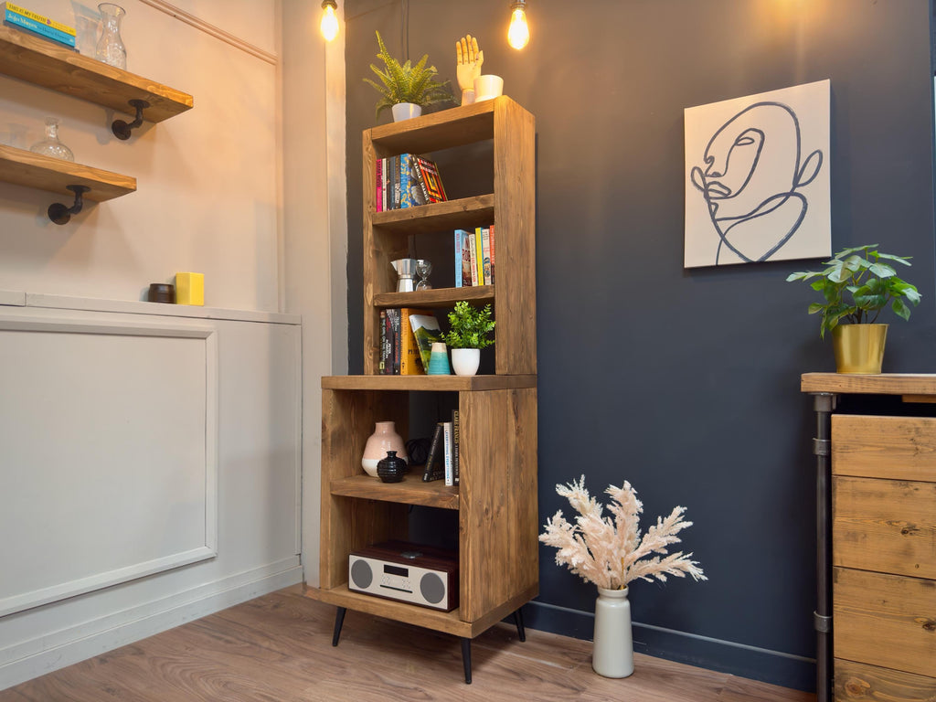 Split-Level Rustic Dresser, Bookcase | Tapered Legs | Industrial, Solid Wooden | Wall Shelving, Display Shelf Unit, Living Room, Kitchen - ChronologyStore - Shelving - Bookshelves