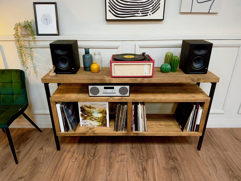 Solid wood record player stand with black square tube legs. Rustic, industrial style cabinet, sideboard. Vinyl storage. Hi Fi unit. Customisable. Bespoke options available.