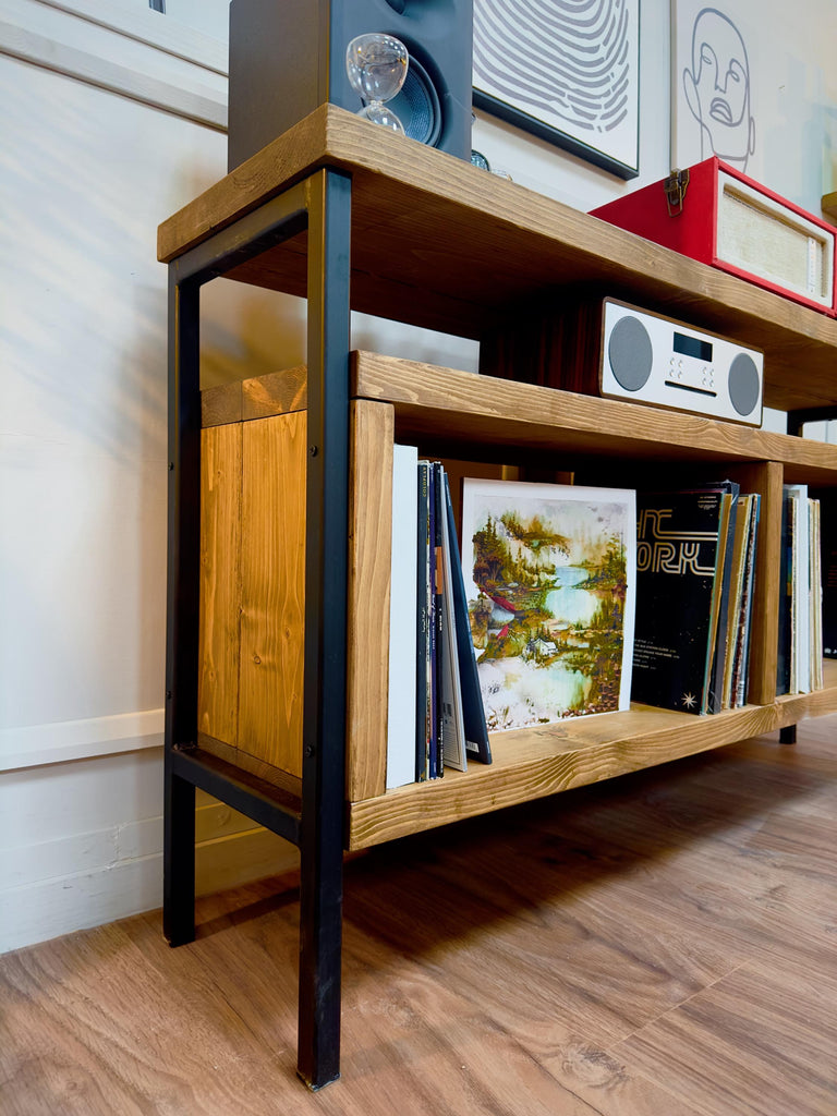 Solid wood record player stand with black square tube legs. Rustic, industrial style cabinet, sideboard. Vinyl storage. Hi Fi unit. Customisable. Bespoke options available.