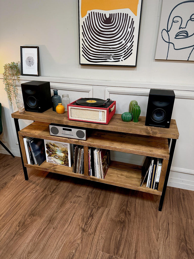 Solid wood record player stand with black square tube legs. Rustic, industrial style cabinet, sideboard. Vinyl storage. Hi Fi unit. Customisable. Bespoke options available.