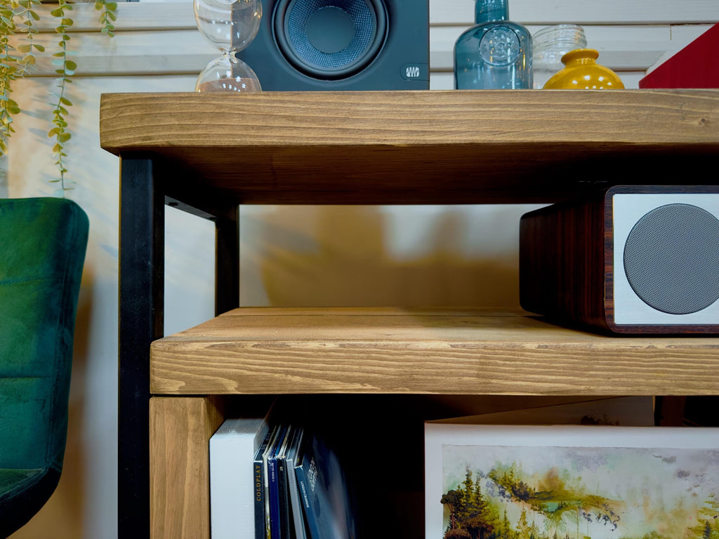 Solid wood record player stand with black square tube legs. Rustic, industrial style cabinet, sideboard. Vinyl storage. Hi Fi unit. Customisable. Bespoke options available.