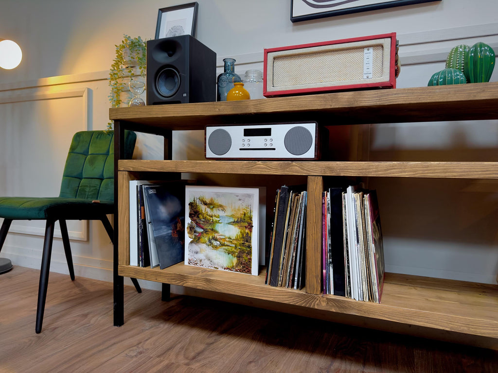 Solid wood record player stand with black square tube legs. Rustic, industrial style cabinet, sideboard. Vinyl storage. Hi Fi unit. Customisable. Bespoke options available.