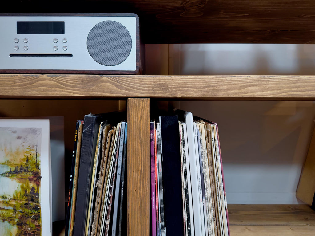 Solid wood record player stand with black square tube legs. Rustic, industrial style cabinet, sideboard. Vinyl storage. Hi Fi unit. Customisable. Bespoke options available.