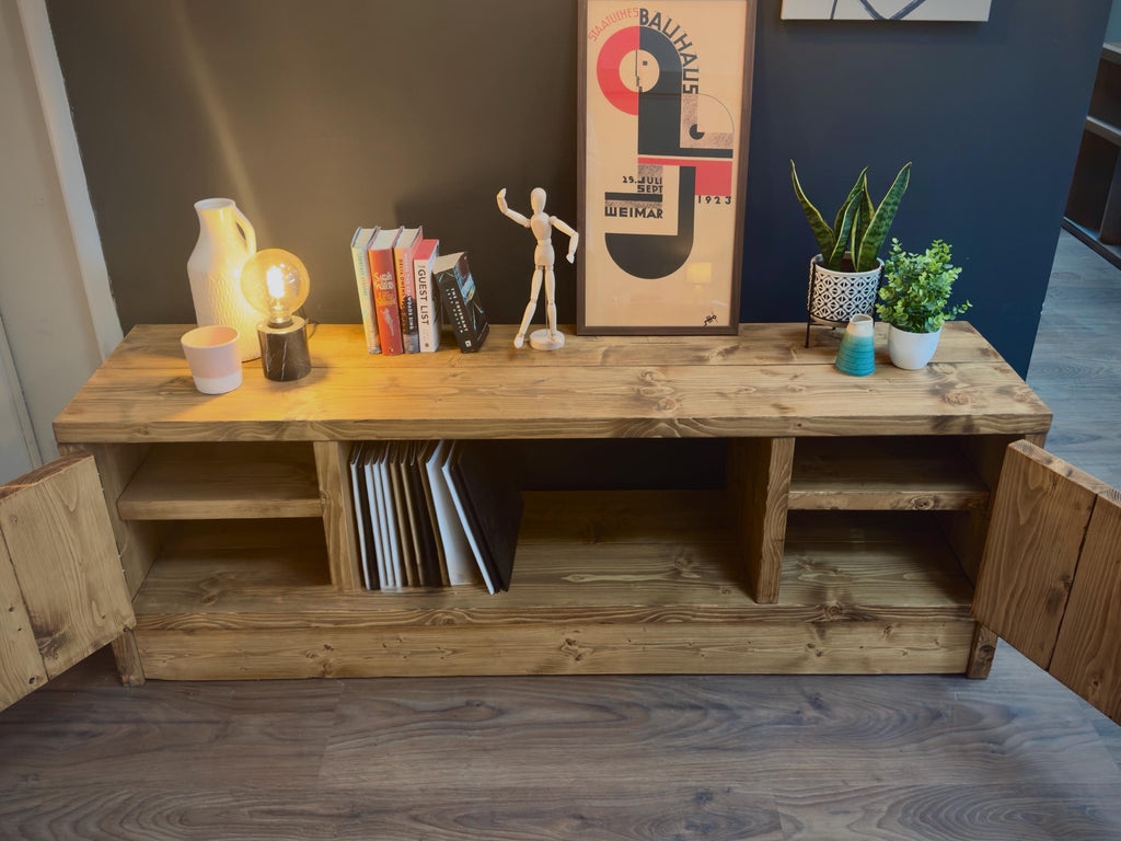Solid Wood TV Stand Media Unit with Cupboard Storage – Rustic Industrial Handmade TV Cabinet - ChronologyStore - Cabinets - Console Tables & Cabinets