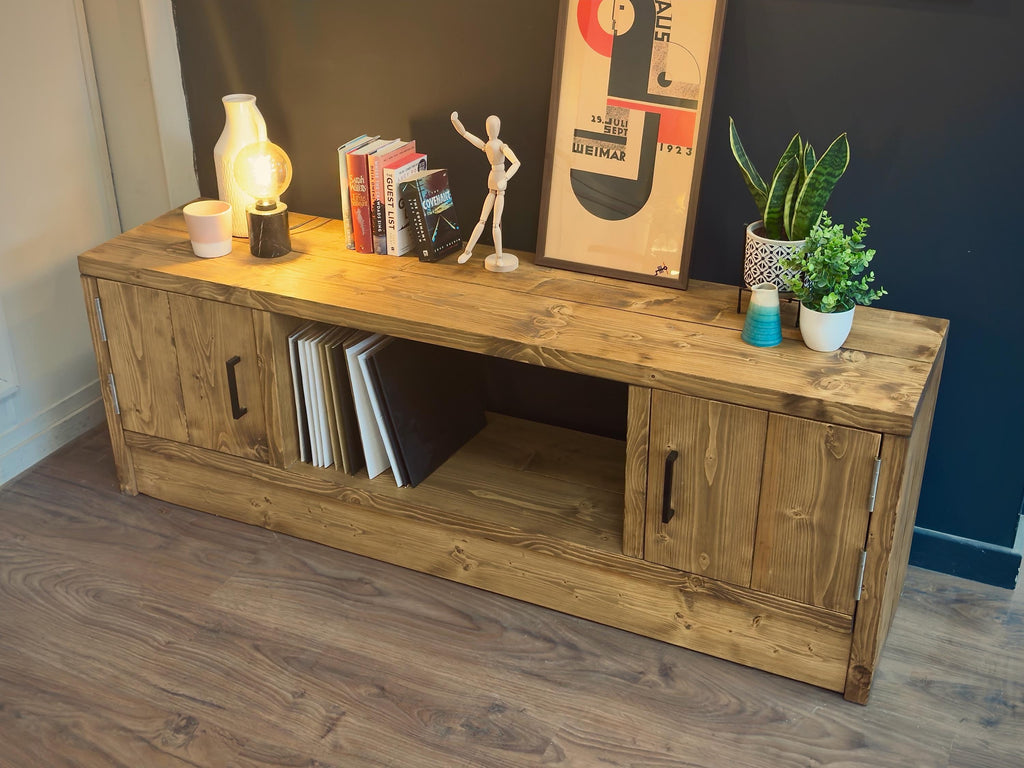 Solid Wood TV Stand Media Unit with Cupboard Storage – Rustic Industrial Handmade TV Cabinet - ChronologyStore - Cabinets - Console Tables & Cabinets