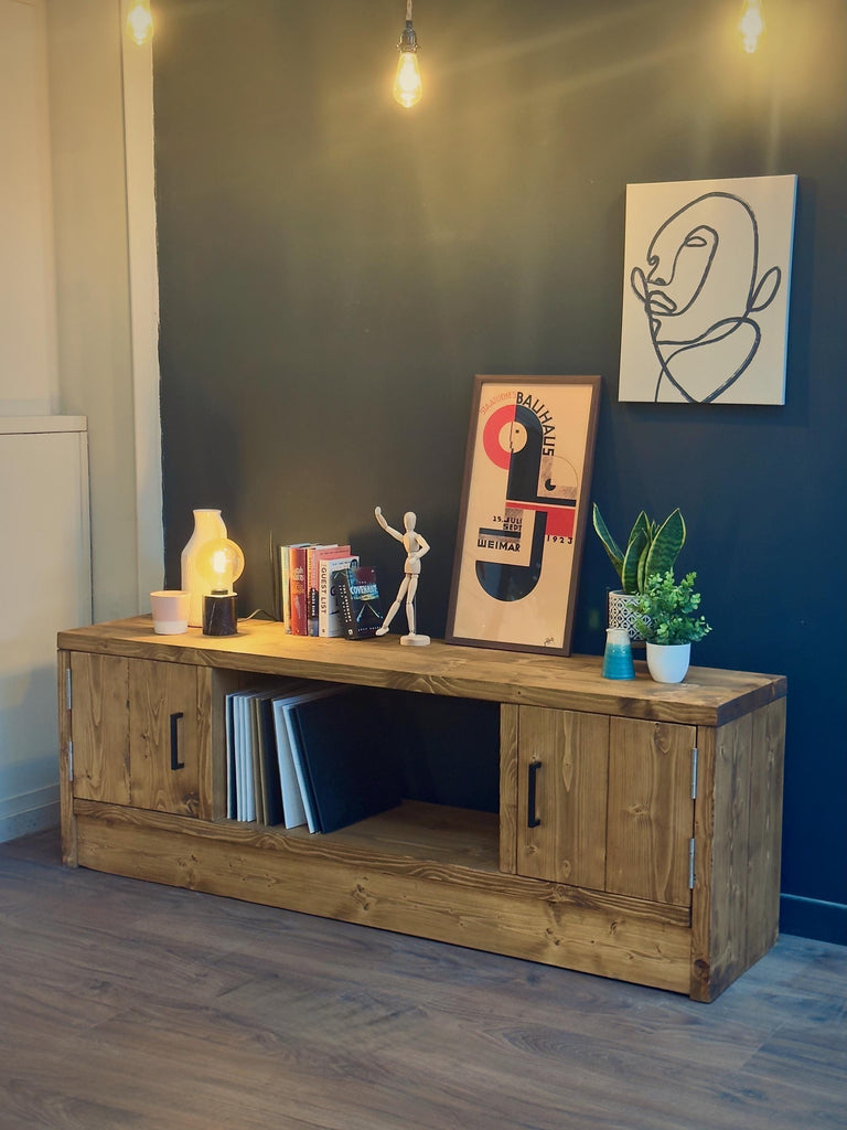 Solid Wood TV Stand Media Unit with Cupboard Storage – Rustic Industrial Handmade TV Cabinet - ChronologyStore - Cabinets - Console Tables & Cabinets