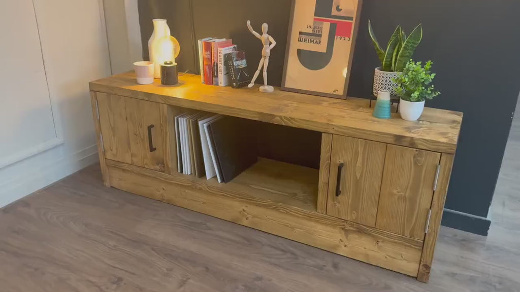 Solid Wood TV Stand Media Unit with Cupboard Storage – Rustic Industrial Handmade TV Cabinet