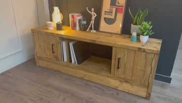 Solid Wood TV Stand Media Unit with Cupboard Storage – Rustic Industrial Handmade TV Cabinet