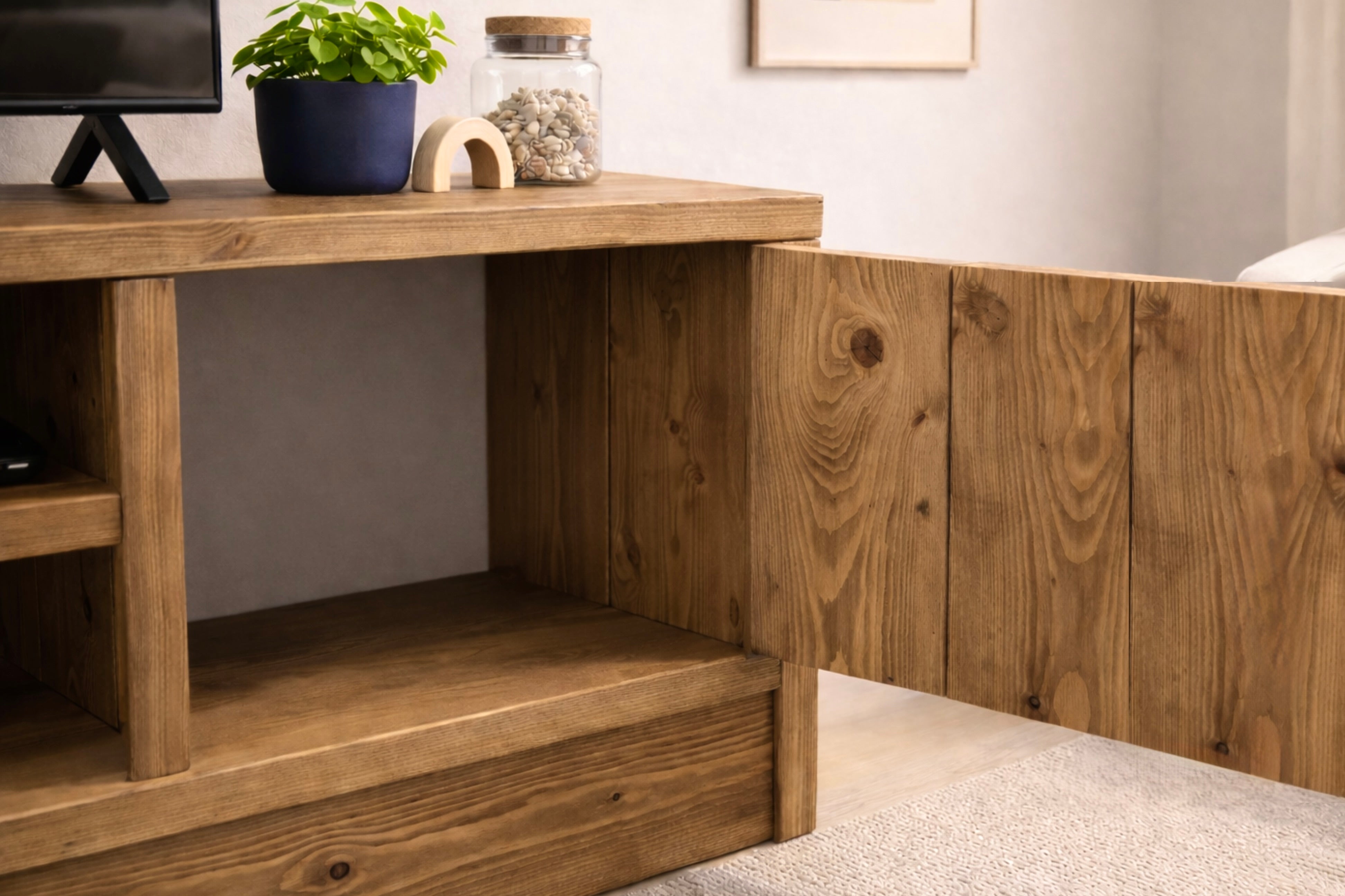 Tv Base Unit Solid Wood TV Stand Media Unit with Cupboard Storage – Rustic Industri ...