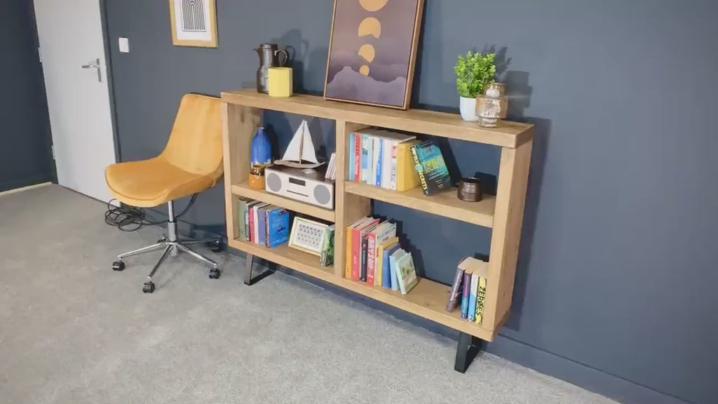 Rustic Bookcase, Low Sideboard Unit on Trapezium Legs | Industrial Solid Wooden Shelving, Scaffold Board Style, Home Storage