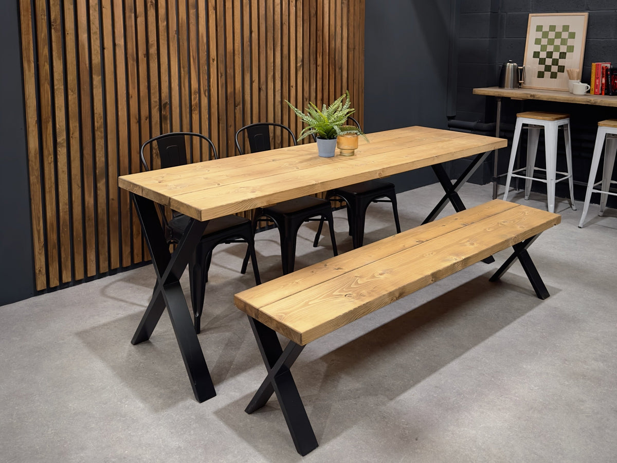 Rustic Dining Table and Bench on X Frame Cross Legs, Reclaimed ...