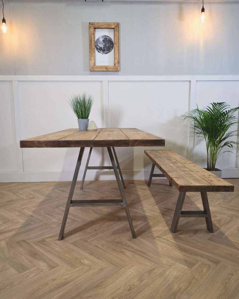 A Frame Dining Table & Bench Set, Rustic Scaffold Board, Reclaimed, In ...