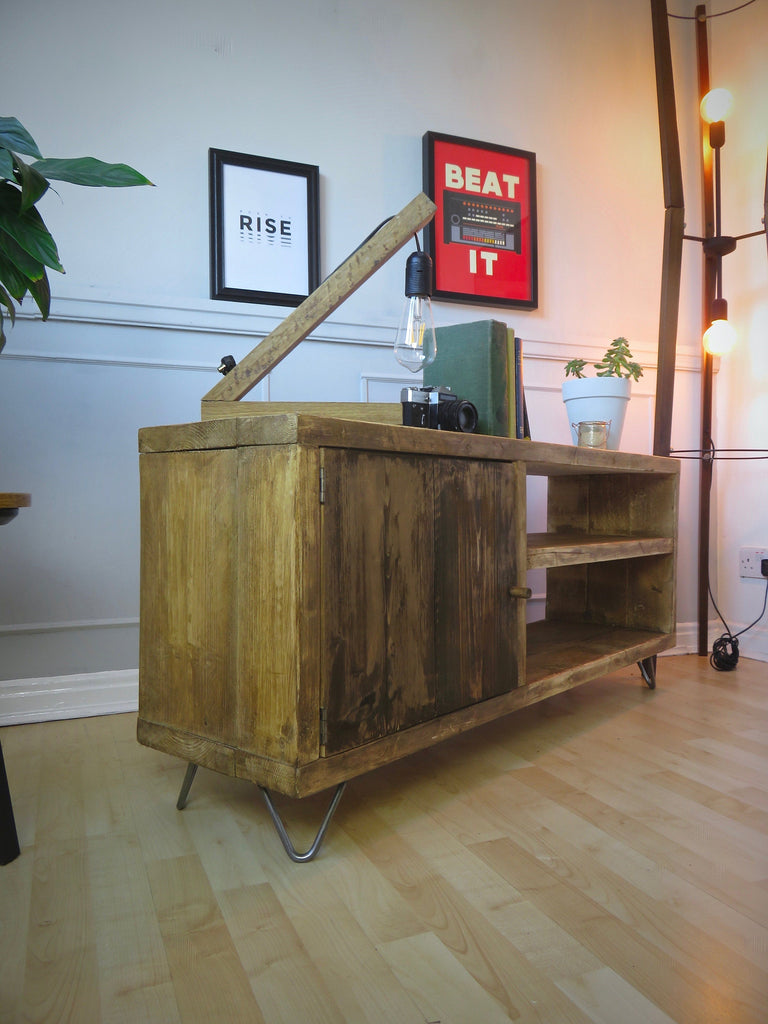 Rustic TV Unit on Hairpin Legs, Industrial Style Sideboard with Cupboard and Shelving