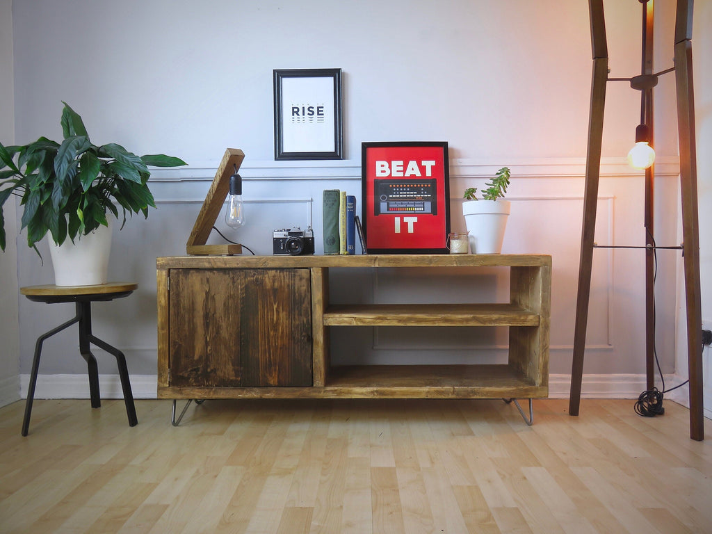 Rustic TV Unit on Hairpin Legs, Industrial Style Sideboard with Cupboard and Shelving