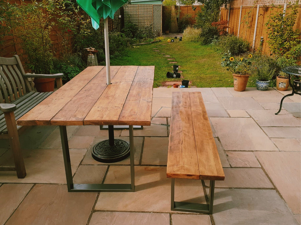 Rustic Outdoor Dining Table and Bench, Reclaimed Solid Wood, Garden Furniture, Industrial Style Steel Legs, Scaffold Board Outside Table