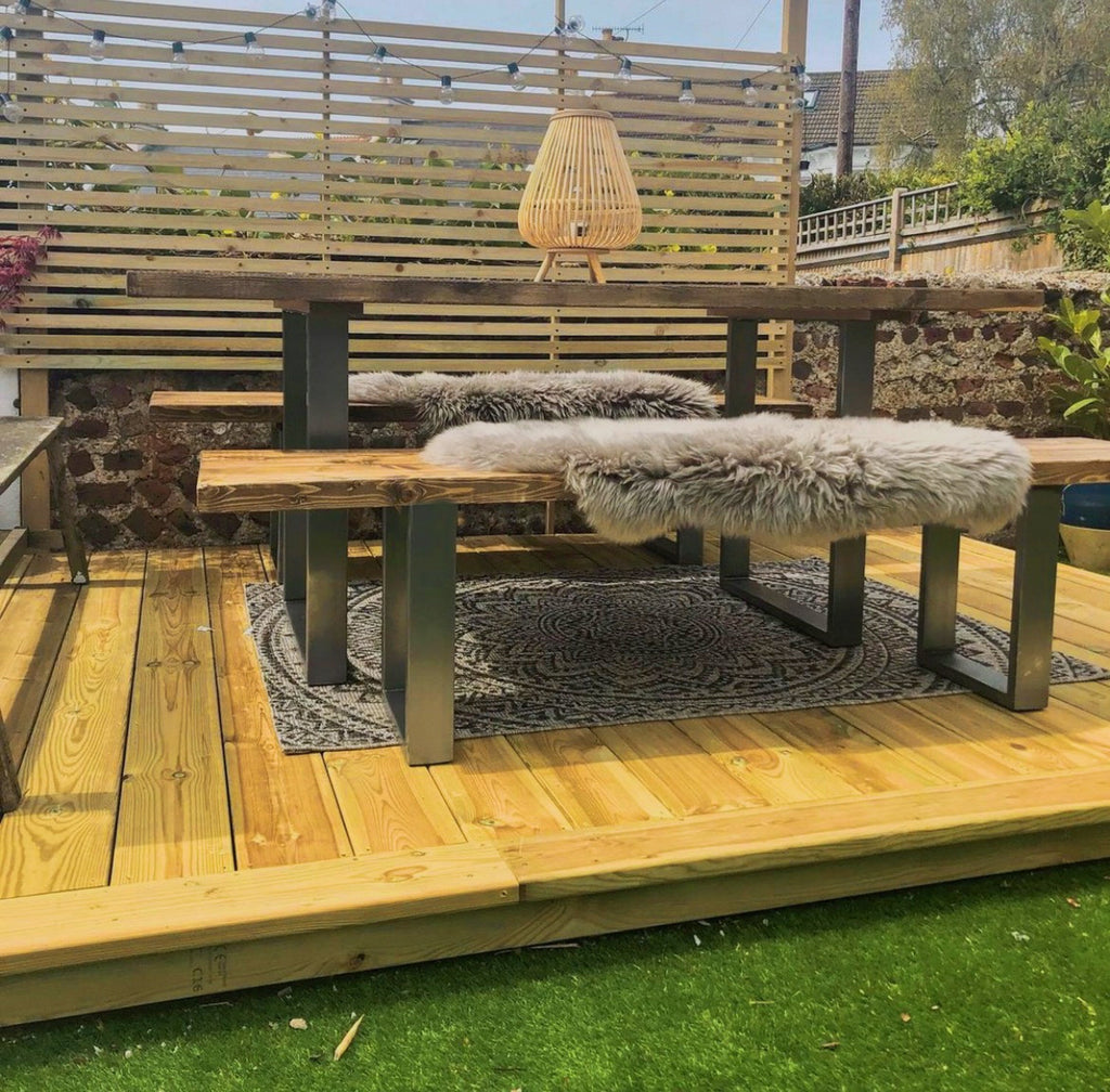 Rustic Outdoor Dining Table and Bench, Reclaimed Solid Wood, Garden Furniture, Industrial Style Steel Legs, Scaffold Board Outside Table