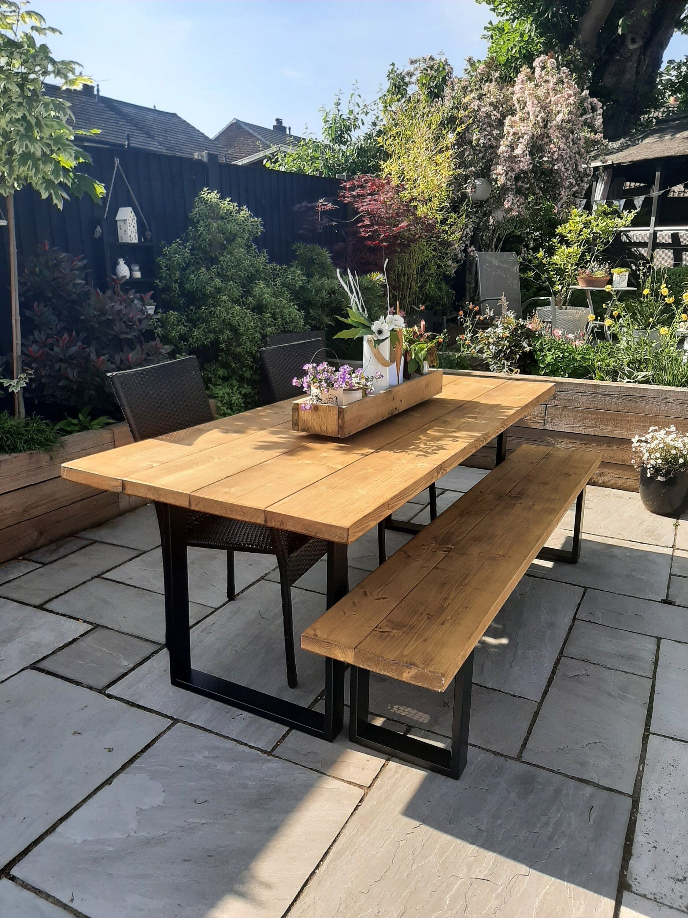 Rustic Outdoor Dining Table and Bench, Reclaimed Solid Wood