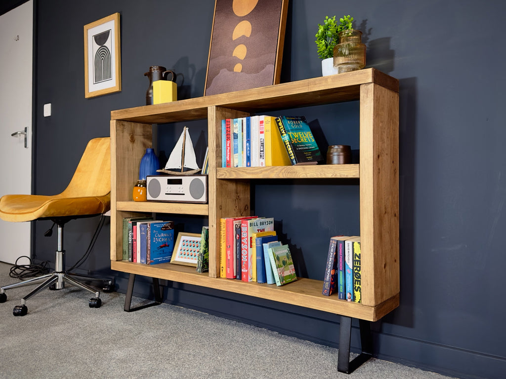 Rustic Bookcase, Low Sideboard Unit on Trapezium Legs | Industrial Solid Wooden Shelving, Scaffold Board Style, Home Storage